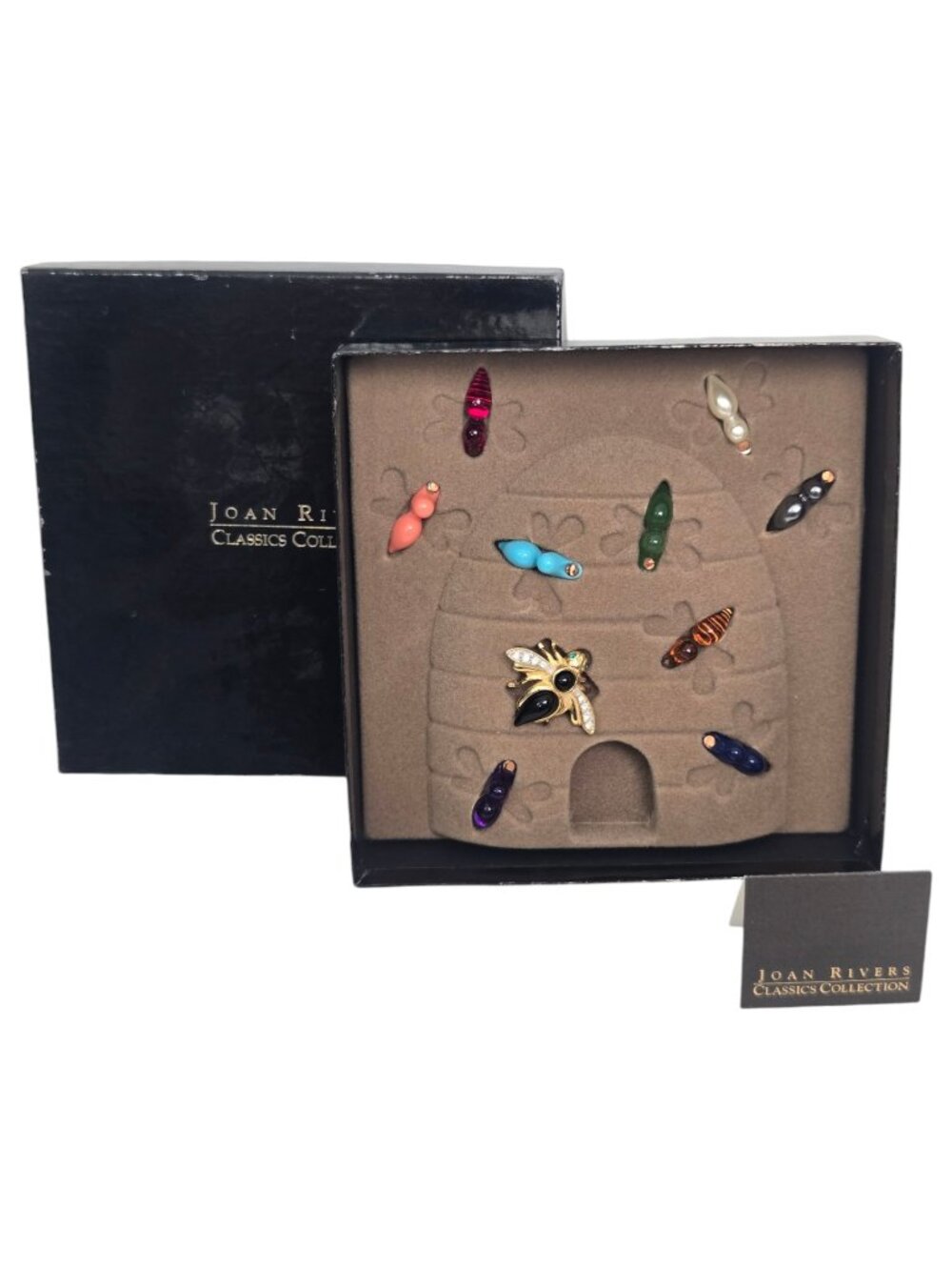 Joan Rivers Interchangeable Bee Pin Brooch Set 10 Colors Box Vintage 1990s